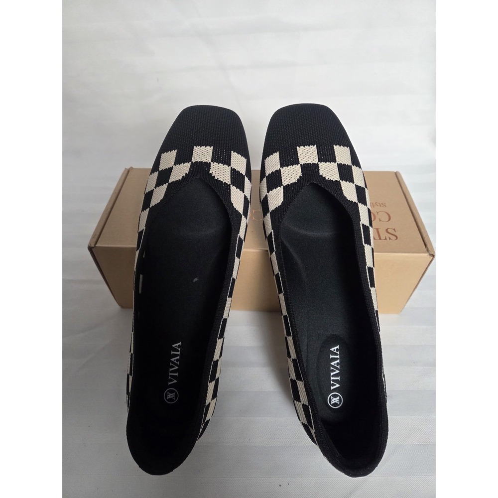 Vivaia Margot 2.0 Checkerboard Square Toe Knit Flats Black Cream US 7 EU 37.5 W - Picture 13 of 16